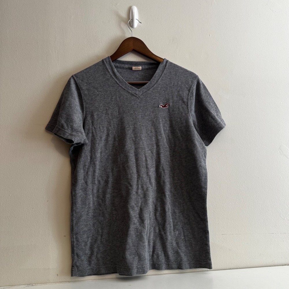 Hollister Women Grey V-Neck Waffle Knit Tee Small Classic Y2K